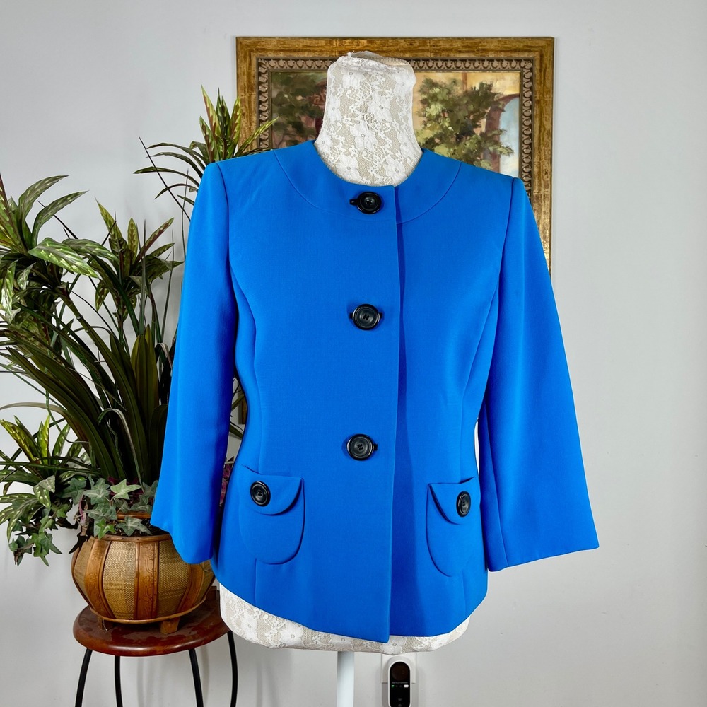 Kasper Blazer Women 6P Blue Polyester 3/4 Sleeve Button Front Career Jacket